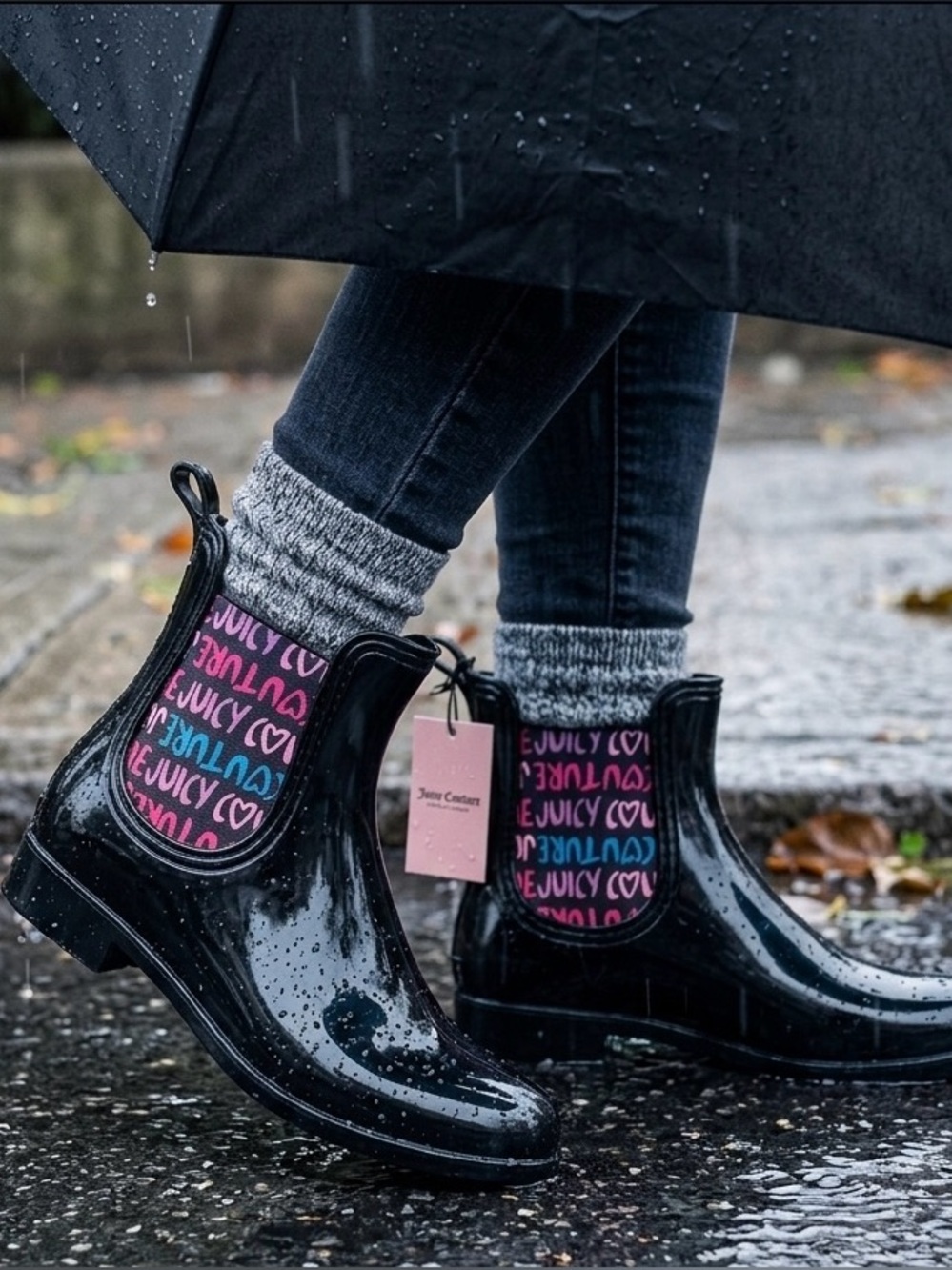 LMT: Juicy Couture Black Graffiti Romance Heart Waterproof Rain Boots